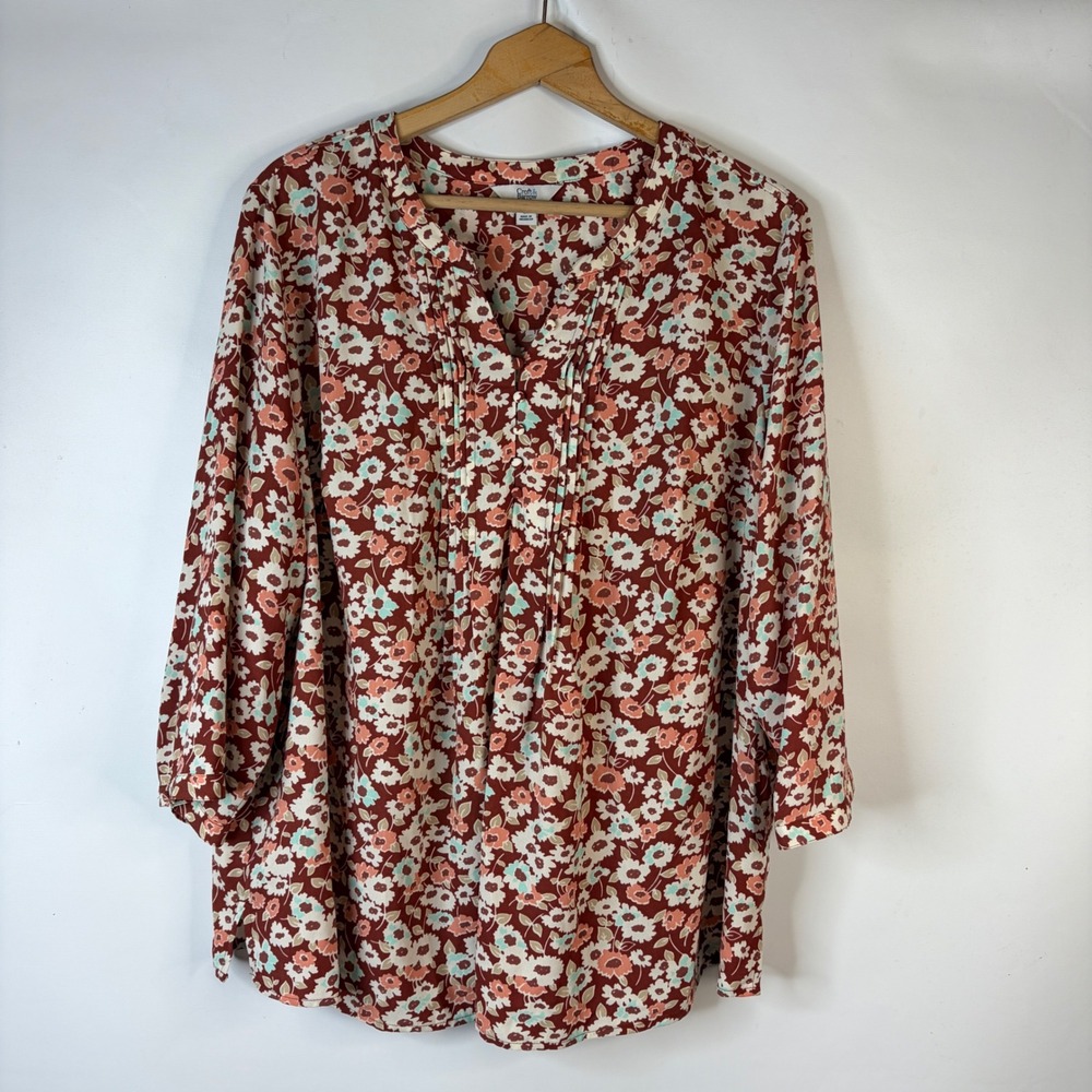 Croft & Barrow Blouse Women 2X Burgundy Floral Pintuck 3/4 Sleeve Tunic